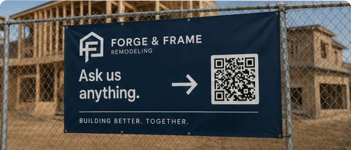Ready247 QR code on a Forge & Frame Remodeling job-site banner