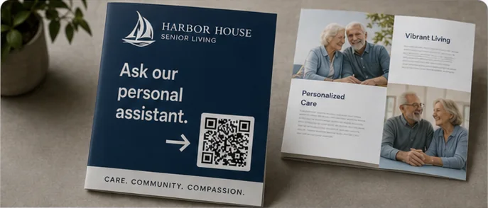 Ready247 QR code on a Harbor House Senior Living brochure